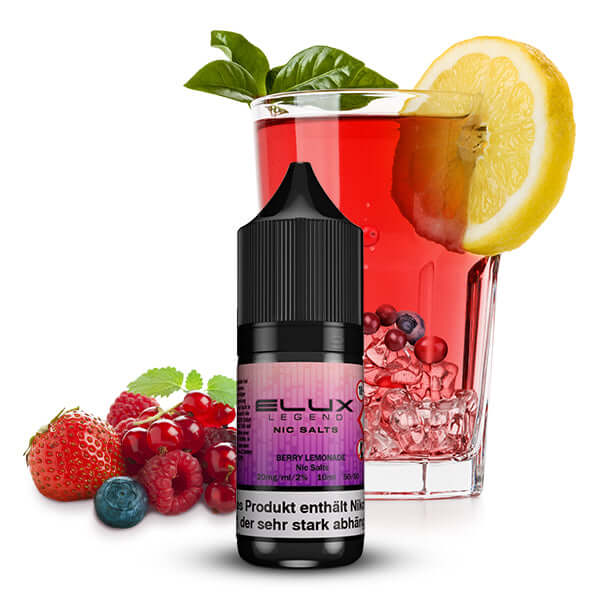 Elux Nikotinsalz Liquid in Berry Lemonade flavor with refreshing drink and berries around.