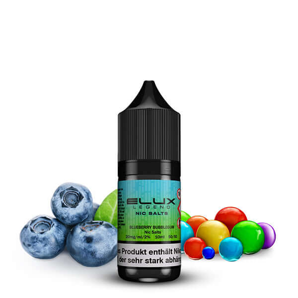 Elux Nikotinsalz Liquid in Blueberry Bubblegum flavor with blueberries and colorful candy.