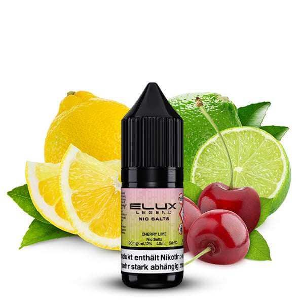 Elux Nikotinsalz Liquid Cherry Lime flavor with fruits in the background, perfect for intense vaping experience.
