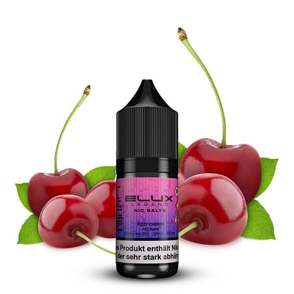 Elux Nikotinsalz Liquid in 10ml bottle surrounded by fresh cherries, ideal for fruit lovers.