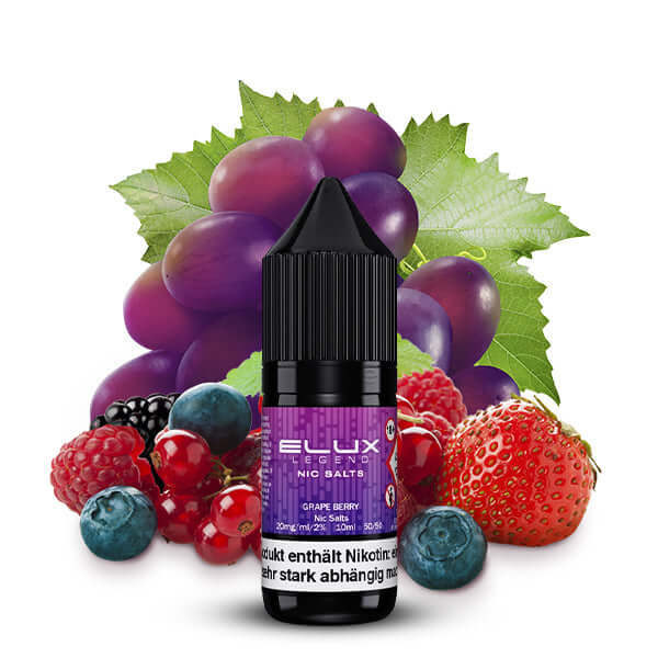 Elux Nikotinsalz Liquid in Grape Berry flavor, surrounded by berries and grapes, ideal for vaping enjoyment.