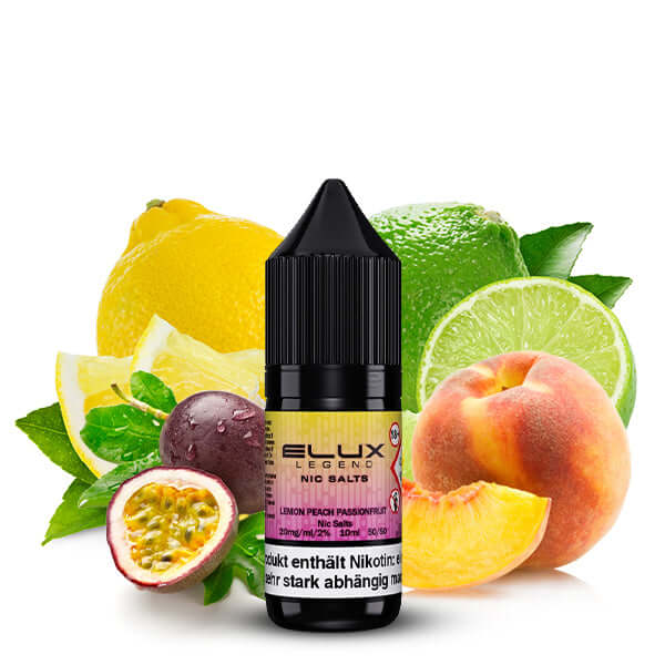 Elux Nikotinsalz Liquid in 10ml bottle surrounded by lemon, lime, peach, and passion fruit flavors.