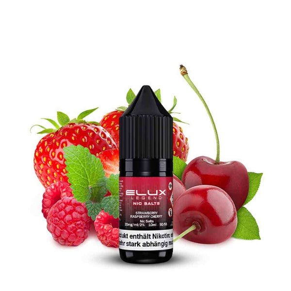 Elux Nikotinsalz Liquid in 10ml bottle with strawberry, raspberry, and cherry background.
