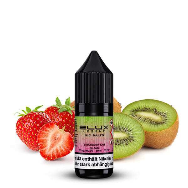 Elux Nikotinsalz Liquid in Strawberry Kiwi flavor, surrounded by fresh strawberries and kiwis.