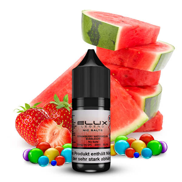 Elux Nikotinsalz Liquid mit fruchtigem Erdbeer-Wassermelonen-Geschmack und bunten Bonbons.