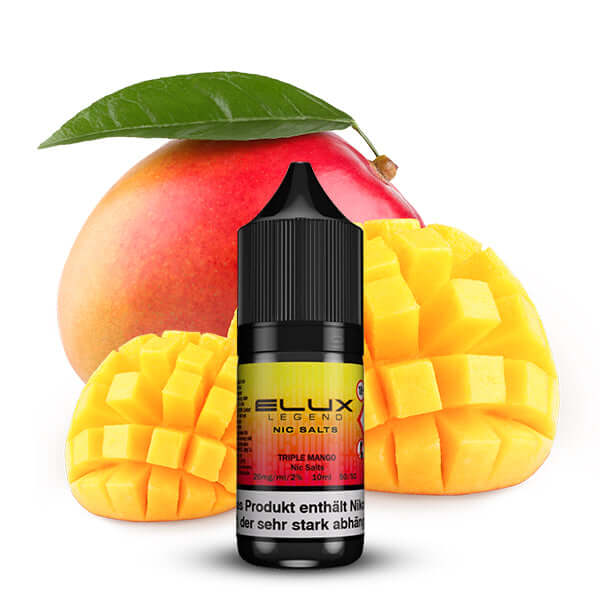 Elux Nikotinsalz Liquid Triple Mango 10 ml mit frischen Mango-Scheiben und Blatt, ideal für Dampfer.