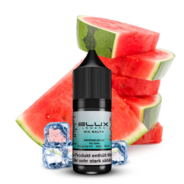Elux Nikotinsalz Liquid Watermelon Ice flavor with fresh watermelon slices and ice cubes.