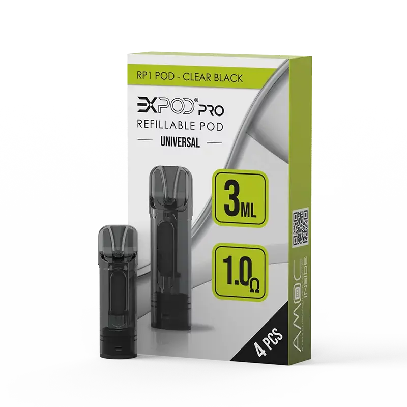 EXPOD Pro RP1 Refillable Pods in Clear Black, 1.0 Ohm, 4-pack for sustainable vaping experience.