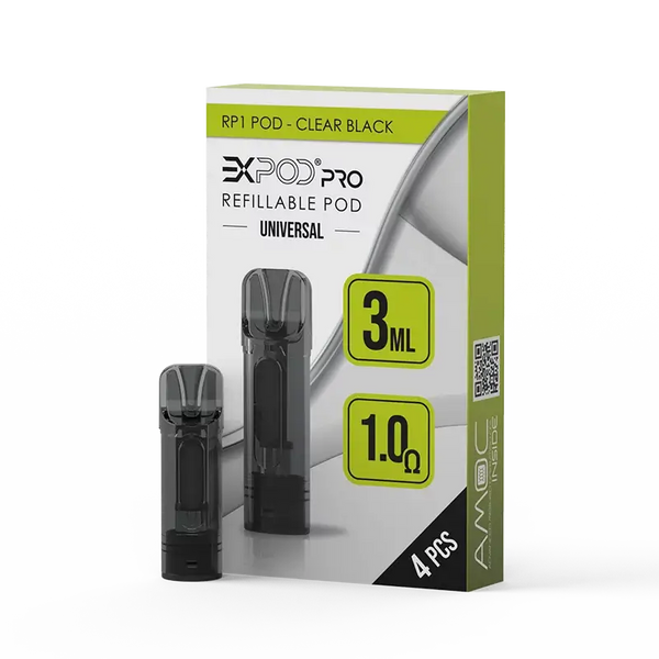 EXPOD Pro RP1 Refillable Pods in Clear Black, 1.0 Ohm, 4-pack for sustainable vaping experience.