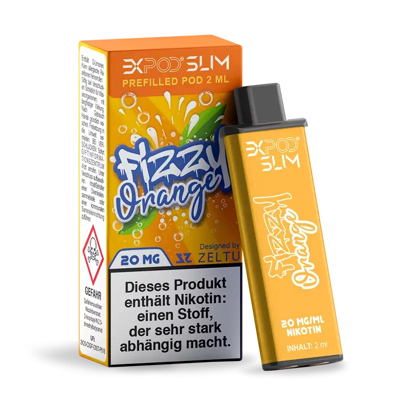 EXPOD Slim Prefilled Pod 2ml in Fizzy Orange flavor with 20mg nicotine, offering a smooth vaping experience.