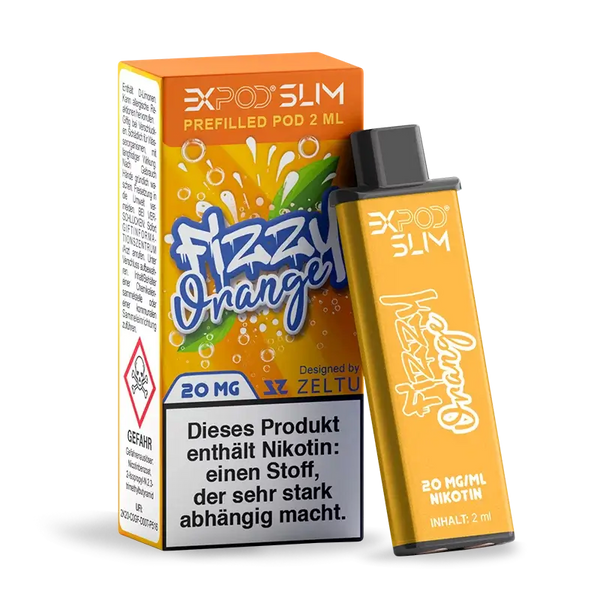 EXPOD Slim Prefilled Pod 2ml in Fizzy Orange flavor with 20mg nicotine, offering a smooth vaping experience.