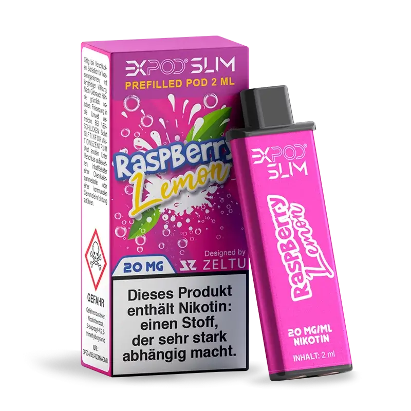 EXPOD Slim Raspberry Lemon Prefilled Pod 2ml with 20mg nicotine for a premium vaping experience.