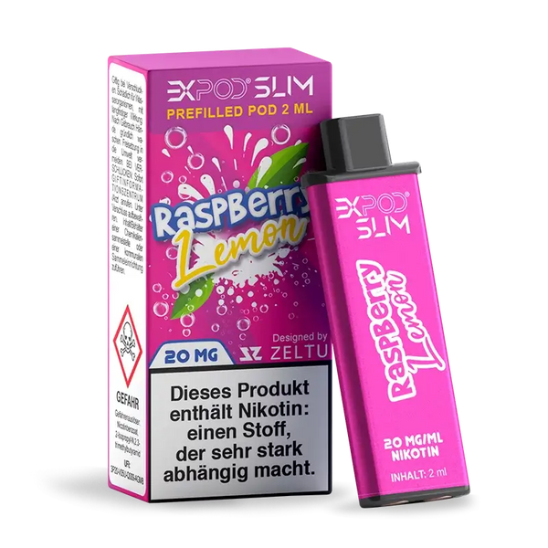 EXPOD Slim Raspberry Lemon Prefilled Pod 2ml with 20mg nicotine for a premium vaping experience.