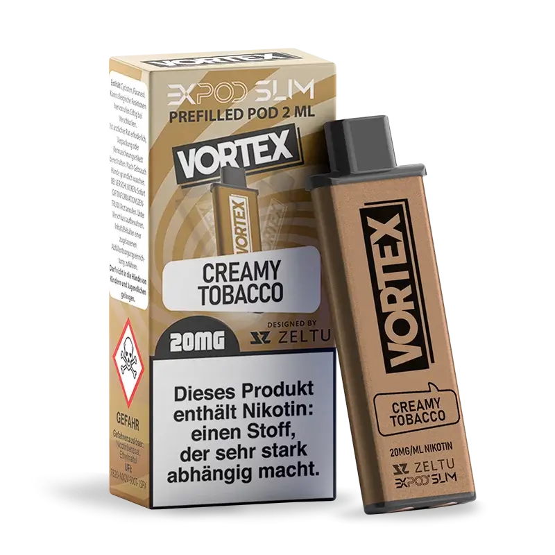 EXPOD Slim Prefilled Pod 2ml Vortex - Creamy Tobacco in packaging with 20mg nicotine.