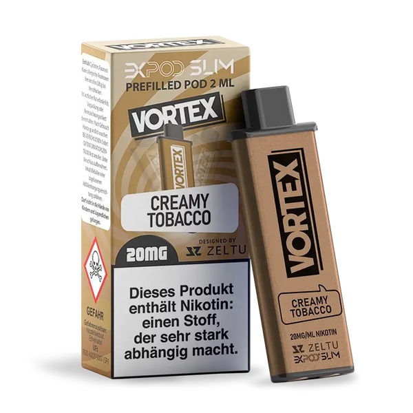 EXPOD Slim Prefilled Pod 2ml Vortex - Creamy Tobacco in packaging with 20mg nicotine.