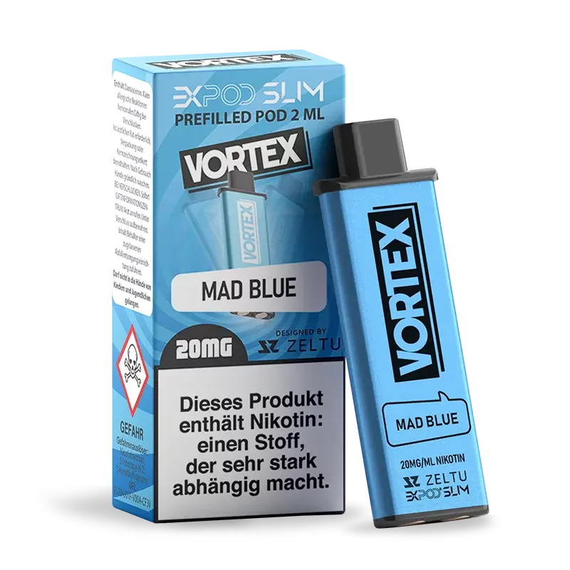 EXPOD Slim Prefilled Pod 2ml Vortex in Mad Blue flavor, featuring 20mg nicotine strength.