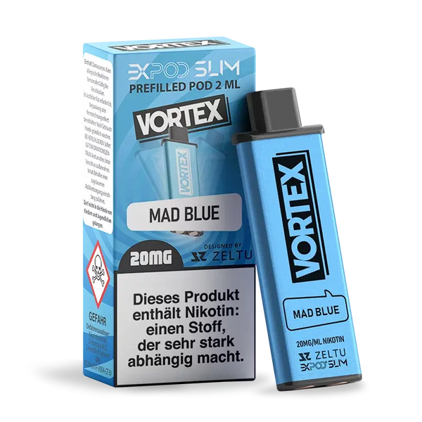 EXPOD Slim Prefilled Pod 2ml Vortex in Mad Blue flavor, featuring 20mg nicotine strength.