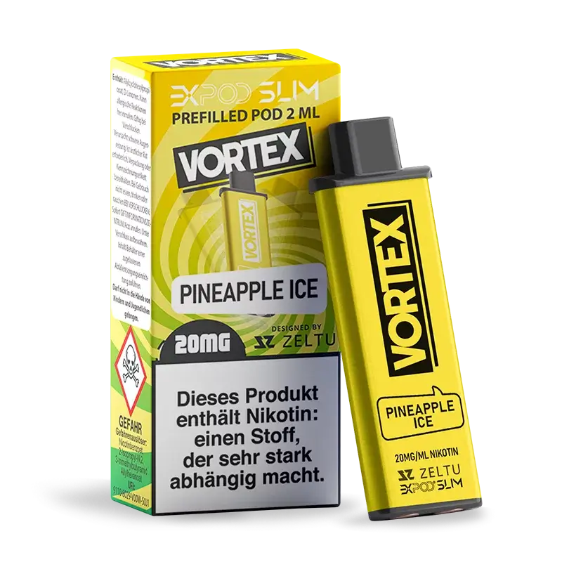 EXPOD Slim Vortex Pineapple Ice 2ml prefilled pod with 20mg nicotine, offering a refreshing vaping experience.