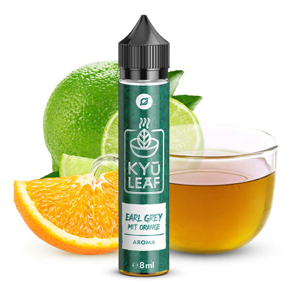 Flavorverse Kyü Leaf Earl Grey Orange Aroma 8 ml with citrus fruits and tea in the background, ideal for refreshing vape experience.