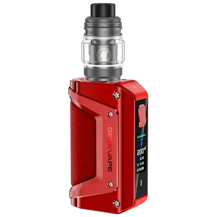 GeekVape Aegis Legend 3 Kit in red with clearomizer, designed for powerful and flexible vaping experiences.