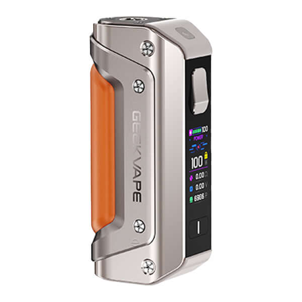 Geekvape Aegis Solo 3 Mod Akkuträger in Silber mit orangefarbener Soft-Touch Rückseite für optimalen Grip.