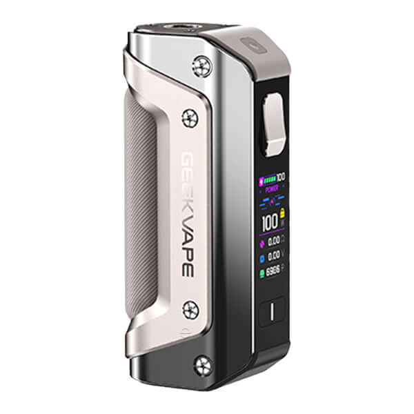 GeekVape Aegis Solo 3 Mod Akkuträger in silber und schwarz mit Power-Anzeige und ergonomischem Design.