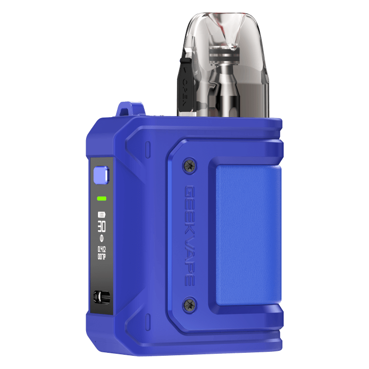 GeekVape Aegis HQ E-Zigarette in blue, featuring a 1300 mAh battery and dual Q cartridge options.