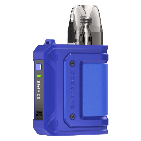GeekVape Aegis HQ E-Zigarette in blue, featuring a 1300 mAh battery and dual Q cartridge options.