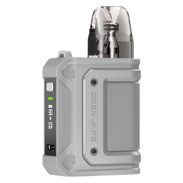 GeekVape Aegis HQ E-Zigarette in gray color with a clear cartridge and LED display.