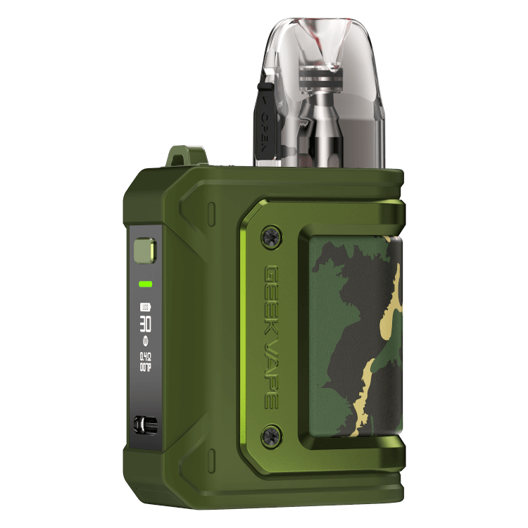 GeekVape Aegis HQ E-Zigarette in green camouflage design with LED display.