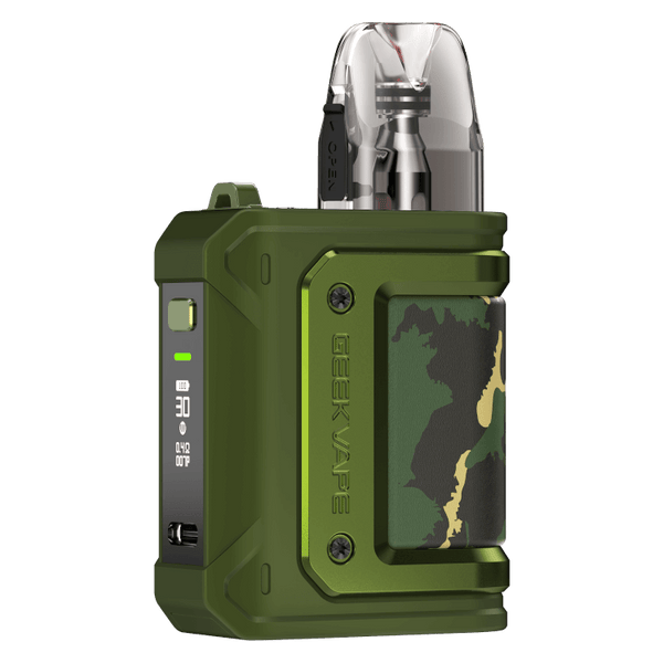 GeekVape Aegis HQ E-Zigarette in green camouflage design with LED display.