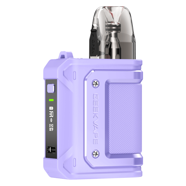 GeekVape Aegis HQ E-Zigarette in purple, featuring a clear pod and user-friendly controls.