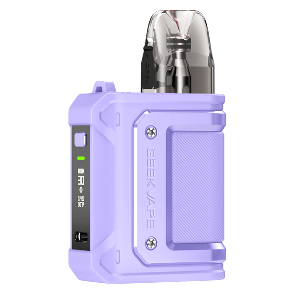 GeekVape Aegis HQ E-Zigarette in purple, featuring a clear pod and user-friendly controls.
