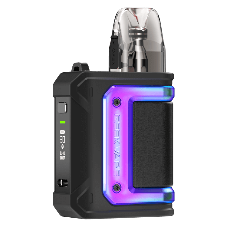GeekVape Aegis HQ E-Zigarette in sleek black with rainbow LED, offering a powerful vaping experience.