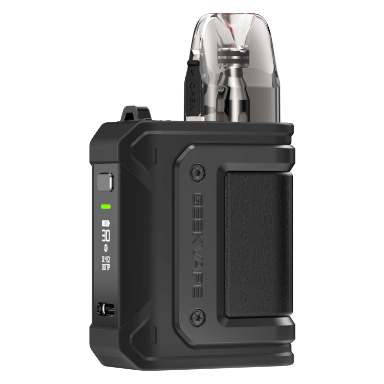 GeekVape Aegis HQ E-Zigarette in sleek black design with transparent cartridge and LED display.