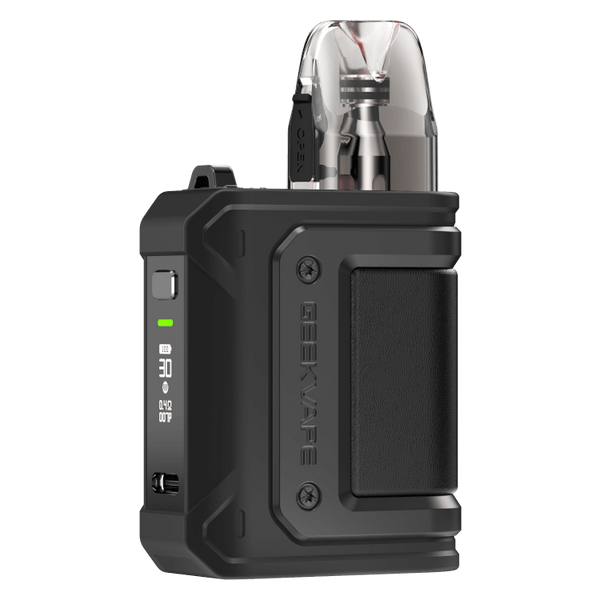 GeekVape Aegis HQ E-Zigarette in sleek black design with transparent cartridge and LED display.