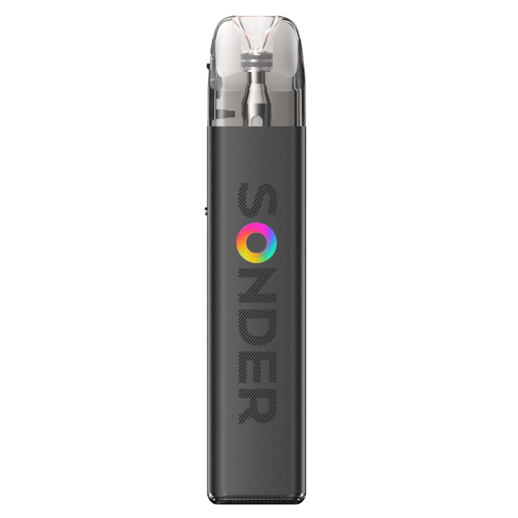 Geekvape Sonder Q2 E-Zigarette in sleek black design with colorful logo and transparent mouthpiece.