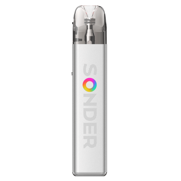 Geekvape Sonder Q2 E-Zigarette in silber mit transparentem Mundstück und buntem Logo.