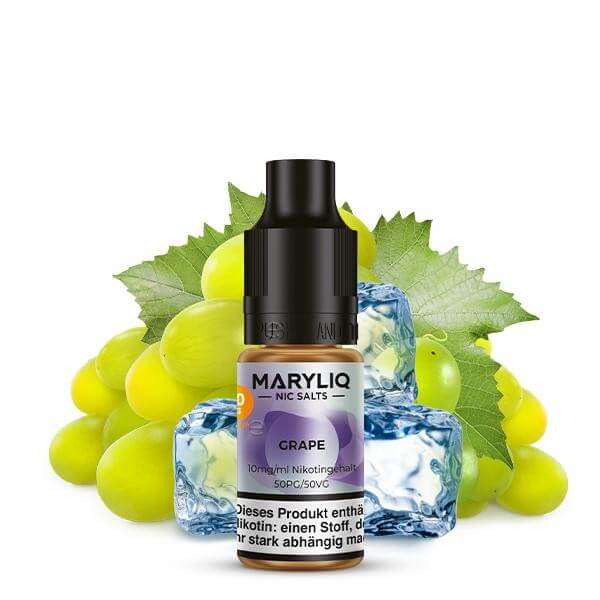 MARYLIQ Grape Nikotinsalz Liquid with grapes and ice cubes, highlighting fruity refreshing flavor.