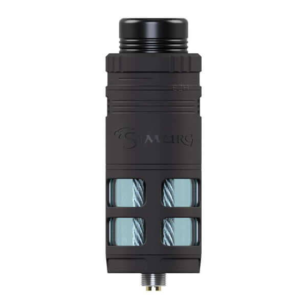 IMIST Simurg V2 RTA Selbstwickler Tank in schwarz mit präziser Airflow und transparenten Fenstern.