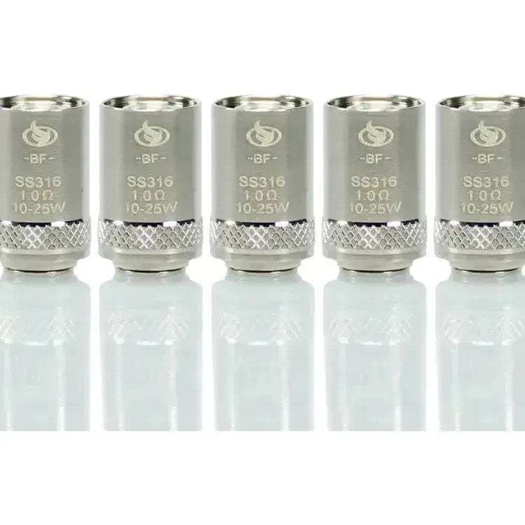 InnoCigs BF SS316 Coils - 5 stainless steel vaporizer heads for eGo AIO, suitable for wattage and temperature control.