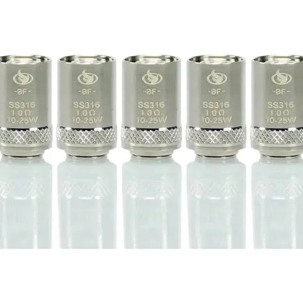 InnoCigs BF SS316 Coils - 5 stainless steel vaporizer heads for eGo AIO, suitable for wattage and temperature control.