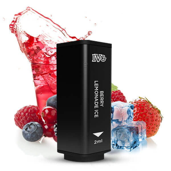IVG 2400 Prefilled Pod in Berry Lemonade Ice flavor with berries and ice cubes in the background.