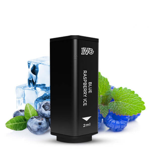 IVG Blue Raspberry Ice Pod with blueberries and mint leaves, featuring ice cubes, 2ml capacity for premium vaping.