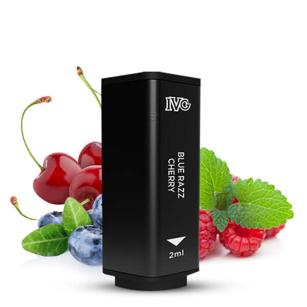 IVG 2400 Prefilled Pod in Blue Razz Cherry flavor with mixed berries and mint leaves. Perfect for a rich vaping experience.