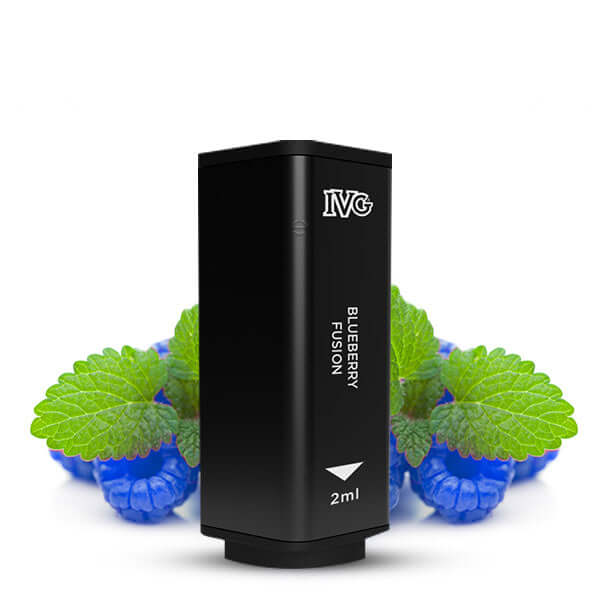 IVG 2400 Prefilled Pod in Blueberry Fusion flavor with mint leaves and blueberries in the background.