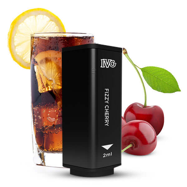 IVG Fizzy Cherry Pods with drink and cherries, 2ml prefilled for an optimal vaping experience.