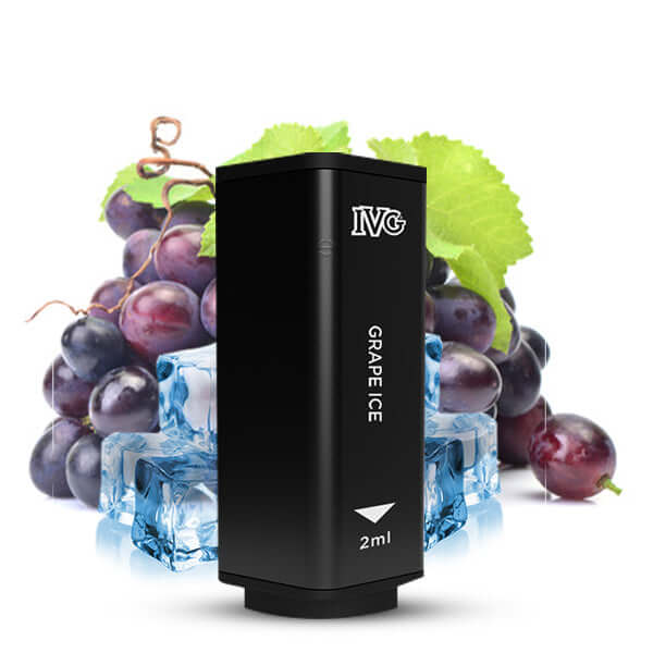 IVG 2400 Prefilled Pod with Grape Ice flavor, surrounded by grapes and ice cubes, offering a refreshing vaping experience.