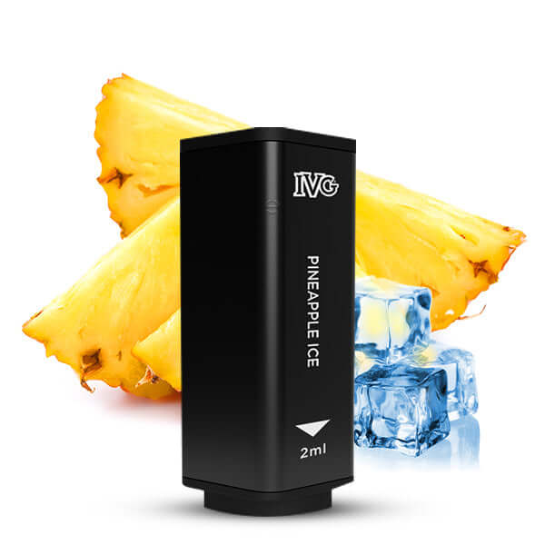 IVG 2400 Prefilled Pod with Pineapple Ice flavor, featuring pineapple slices and ice cubes in the background.