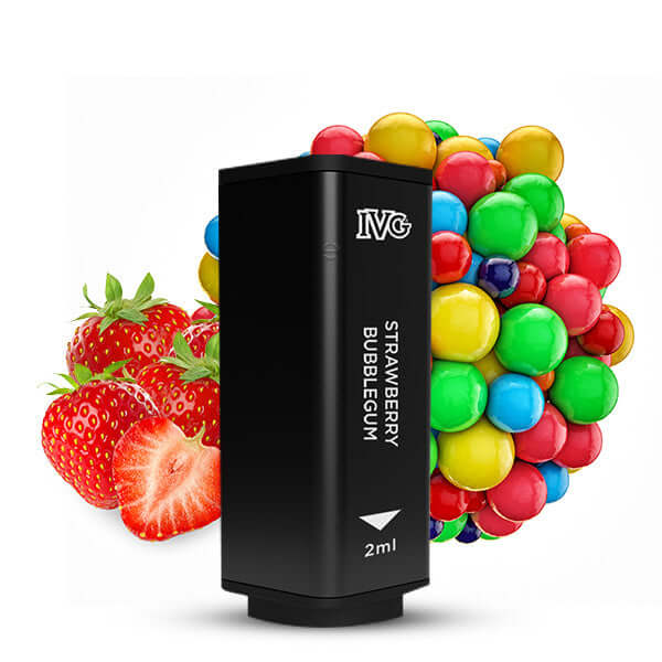IVG 2400 Prefilled Pods in Strawberry Bubblegum flavor with strawberries and colorful gumballs in the background.